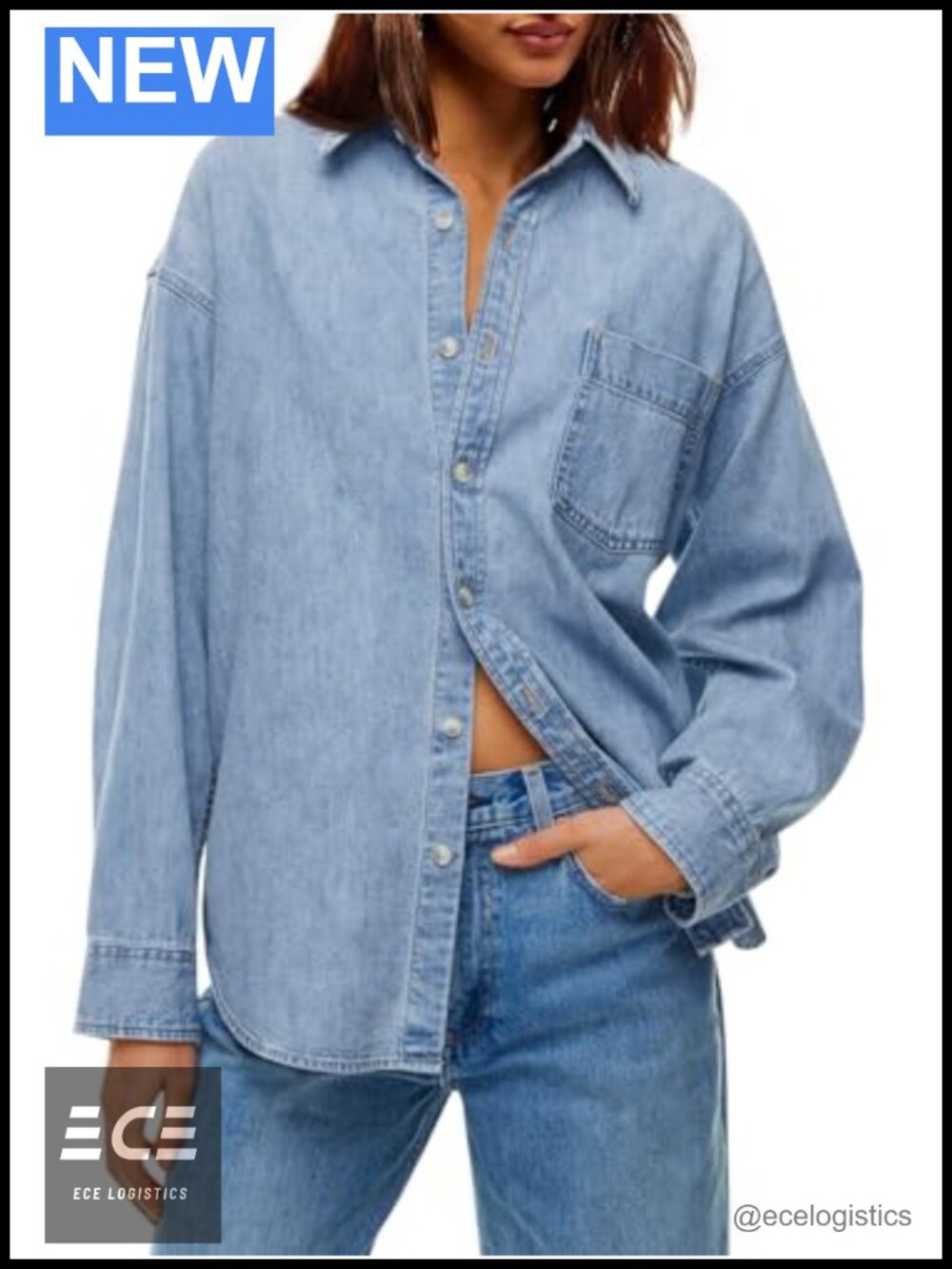 Oversized Denim Button-Down Shirt Long Sleeve Cotton Blouse